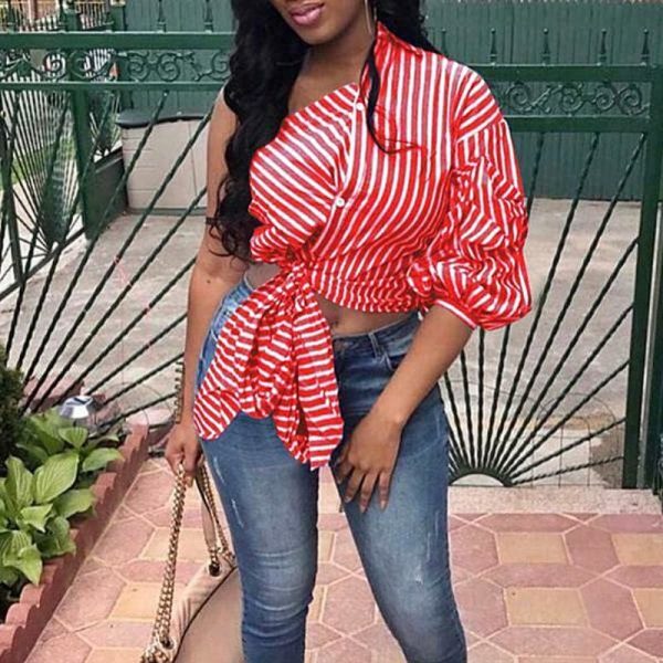 The Best Women One Shoulder Stripe Button Knot Top Tee Puff Sleeve Fashion Ladies Summer Beach Party Casual Tops Plus Size Online - Hplify