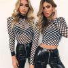 The Best Women Plaid Long Sleeve Mesh Bodycon T-shirts Stretch Ladies Leotard Crop Tops T shirt Online - Hplify
