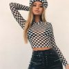 The Best Women Plaid Long Sleeve Mesh Bodycon T-shirts Stretch Ladies Leotard Crop Tops T shirt Online - Hplify