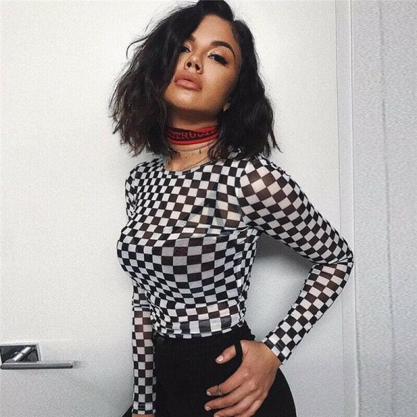 The Best Women Plaid Long Sleeve Mesh Bodycon T-shirts Stretch Ladies Leotard Crop Tops T shirt Online - Hplify