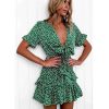 The Best Women Polka Dot Boho Ruffle Mini Dress Knot V-Neck Beach Holiday Dresses Online - Hplify