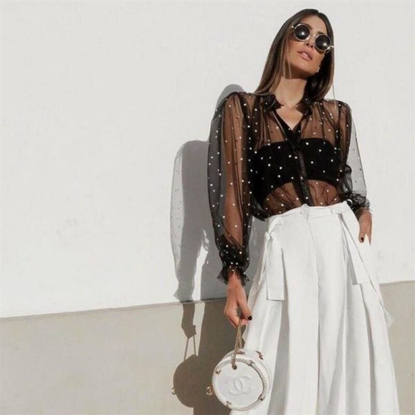 The Best Women Polka Dot Mesh Sheer Tops Puff Long Sleeve Stand Collar Shirts Blouse Online - Hplify