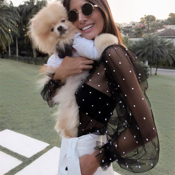 The Best Women Polka Dot Mesh Sheer Tops Puff Long Sleeve Stand Collar Shirts Blouse Online - Hplify