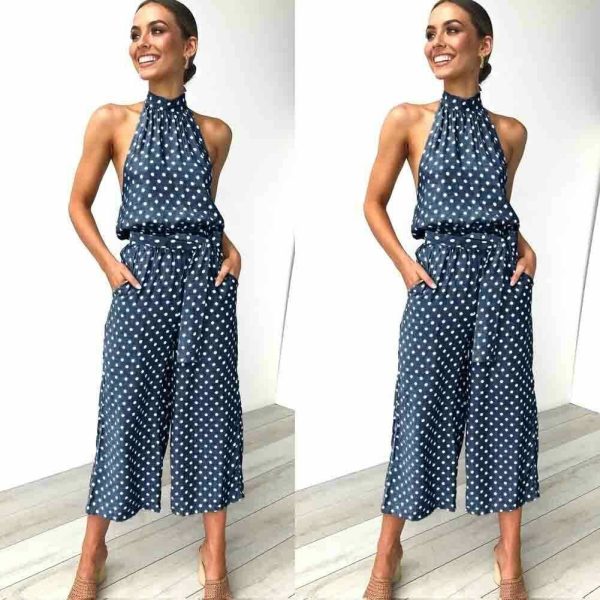 The Best Women Polka Dot Sleeveless Halter Jumpsuit Playsuit Fashion New Ladies Party Summer Loose Wide Leg Romper Trousers Online - Hplify
