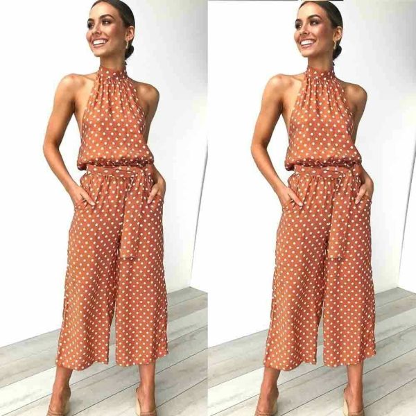 The Best Women Polka Dot Sleeveless Halter Jumpsuit Playsuit Fashion New Ladies Party Summer Loose Wide Leg Romper Trousers Online - Hplify