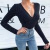 The Best Women Polka Dot V Neck Long Sleeve Bodysuit Stretch Leotard Tops Online - Hplify