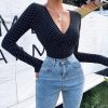 The Best Women Polka Dot V Neck Long Sleeve Bodysuit Stretch Leotard Tops Online - Hplify