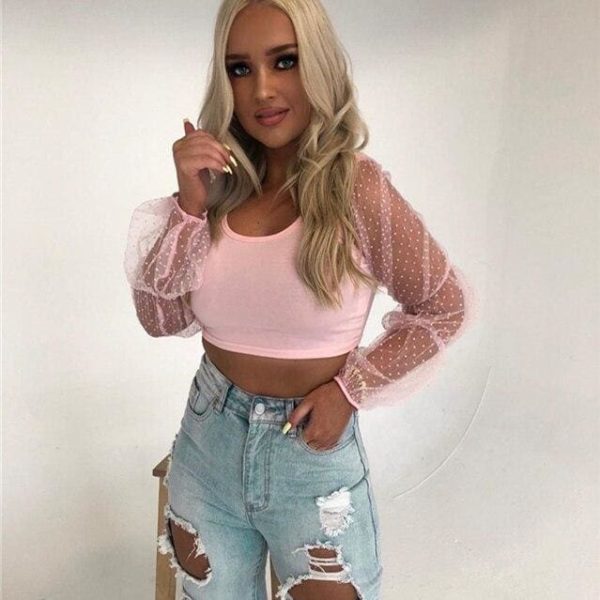 The Best Women Polka Dots Mesh Sheer See-through Crop Top Fairy Female Puff Long Sleeve Mesh Yoke Solid Loose Slim Soft Outwear T-Shirts Online - Hplify