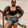 The Best Women Polka Dots Mesh Sheer See-through Crop Top Fairy Female Puff Long Sleeve Mesh Yoke Solid Loose Slim Soft Outwear T-Shirts Online - Hplify