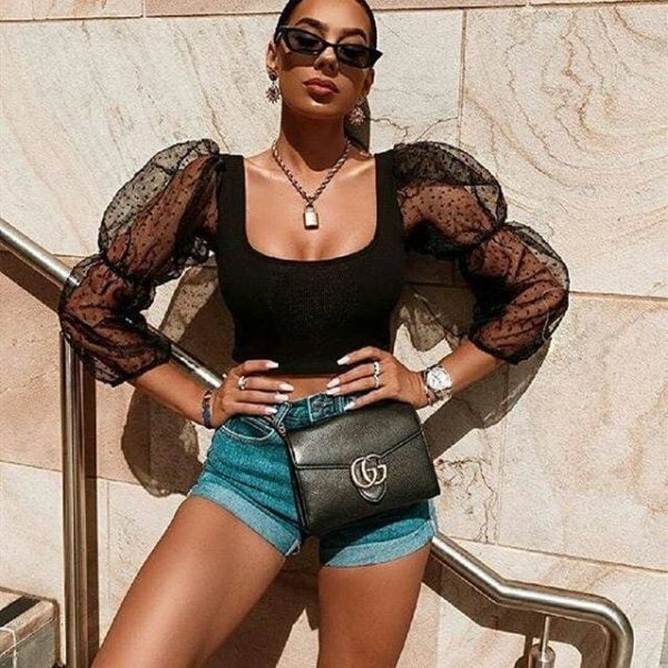 The Best Women Polka Dots Mesh Sheer See-through Crop Top Fairy Female Puff Long Sleeve Mesh Yoke Solid Loose Slim Soft Outwear T-Shirts Online - Hplify