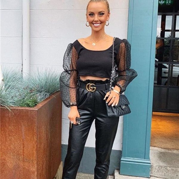 The Best Women Polka Dots Mesh Sheer See-through Crop Top Fairy Female Puff Long Sleeve Mesh Yoke Solid Loose Slim Soft Outwear T-Shirts Online - Hplify