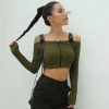 The Best Women Punk Crop Tops Button Zipper Long Sleeve Off Shoulder High Street Thin Top Plus Size Online - Hplify