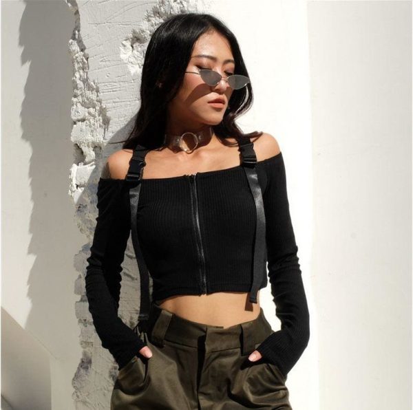 The Best Women Punk Crop Tops Button Zipper Long Sleeve Off Shoulder High Street Thin Top Plus Size Online - Hplify