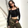 The Best Women Punk Crop Tops Button Zipper Long Sleeve Off Shoulder High Street Thin Top Plus Size Online - Hplify