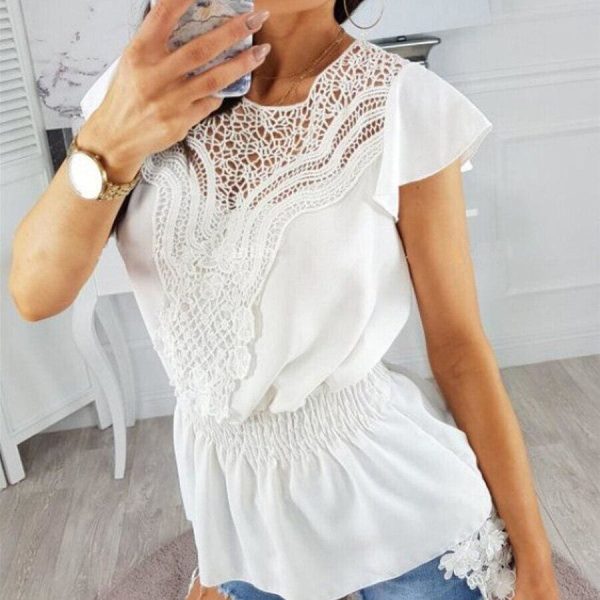 The Best Women Round Neck Short Sleeve Tops Hollow Out Casual Blouse Loose Summer Elegant Crochet Lace Crop Tops Shirt Online - Hplify