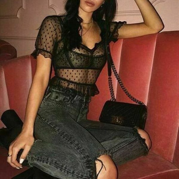 The Best Women See Through Blouse Summer Sexy Mesh Loose Short Sleeve Polka Dots V-Neck Beach Casual Short Shirt Online - Hplify