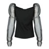 The Best Women See Through Mesh Long Puff Sleeve Crop Tops Square Neck Blouse Tee Shirt Online - Hplify