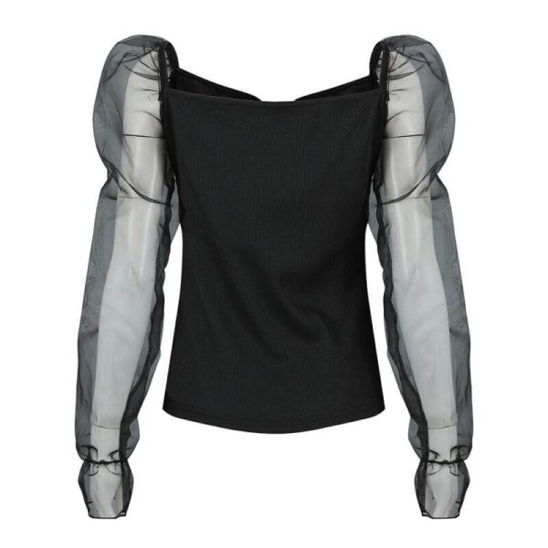 The Best Women See Through Mesh Long Puff Sleeve Crop Tops Square Neck Blouse Tee Shirt Online - Hplify