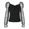 The Best Women See Through Mesh Long Puff Sleeve Crop Tops Square Neck Blouse Tee Shirt Online - Hplify