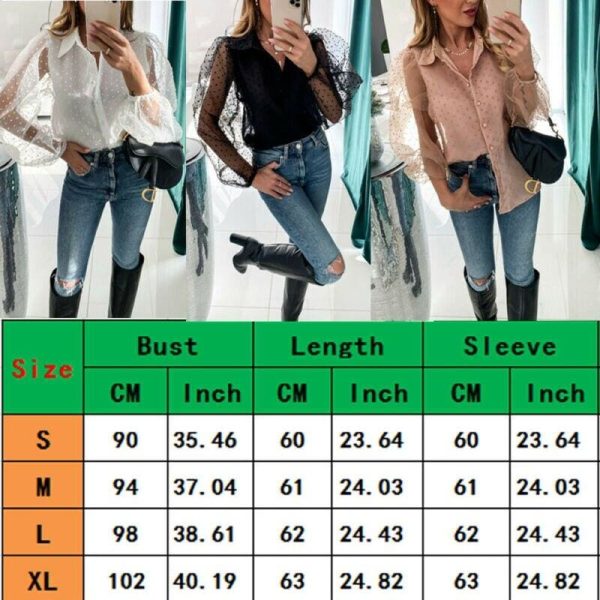 The Best Women See Through Sleeve Sheer Mesh Dot Shirt Blouse Tops OL Puff Long Sleeve Shirt V-neck Buttons Shirts Blouses Outwear 2020 Online - Hplify