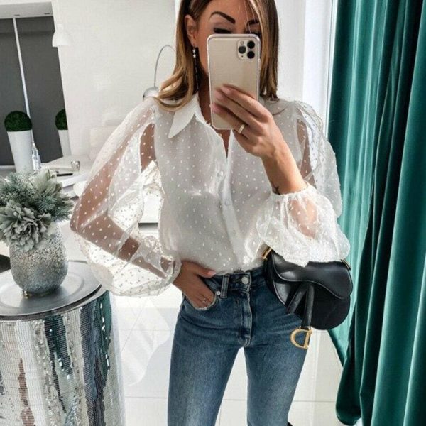 The Best Women See Through Sleeve Sheer Mesh Dot Shirt Blouse Tops OL Puff Long Sleeve Shirt V-neck Buttons Shirts Blouses Outwear 2020 Online - Hplify