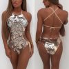 The Best Women Sequin Shiny Bikini Set One Piece Beachwear Swimsuit Backless Lace-up Gradient Monokini Women Push Up Bathing Online - Hplify