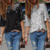 The Best Women Sequins T-shirt New Summer Loose Top Short Sleeve Shirts Ladies Casual Tops T-Shirt Women Black Silver Costume Online - Hplify