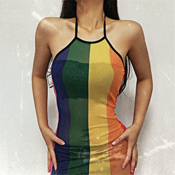 The Best Women Sexy Dress Summer Perspective Bodycon Sleeveless Rainbow Mesh Beach Slim Fit Ladies Mini Sling Dress Sundress Online - Hplify