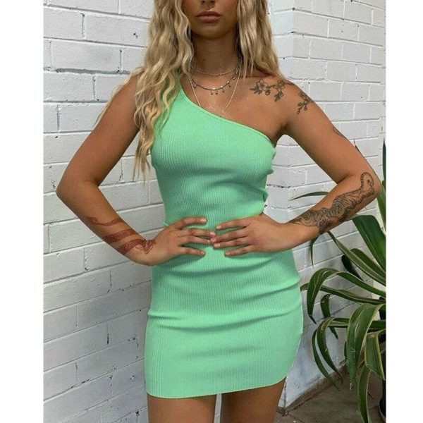 The Best Women Sexy One Shoulder Stretch Bodycon Dress Beach Holiday Summer Ladies Evening Party Clubwear Mini Dress Online - Hplify