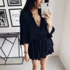 The Best Women Sexy Ruffle Office Dress Turn Down Neck 3/4 Petal Sleeve Elastic Waist Mini Pleated Dress Summer Beach Party Sundress Online - Hplify