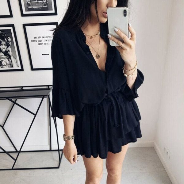 The Best Women Sexy Ruffle Office Dress Turn Down Neck 3/4 Petal Sleeve Elastic Waist Mini Pleated Dress Summer Beach Party Sundress Online - Hplify