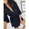 The Best Women Sexy Ruffle Office Dress Turn Down Neck 3/4 Petal Sleeve Elastic Waist Mini Pleated Dress Summer Beach Party Sundress Online - Hplify