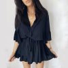 The Best Women Sexy Ruffle Office Dress Turn Down Neck 3/4 Petal Sleeve Elastic Waist Mini Pleated Dress Summer Beach Party Sundress Online - Hplify