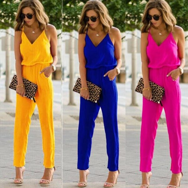 The Best Women Sexy Spaghetti Summer Sleeveless Jumpsuit Strap Wide Legs V-Neck Female Bodycon Jumpsuit Bodysuit Long Pant Trouser Online - Hplify