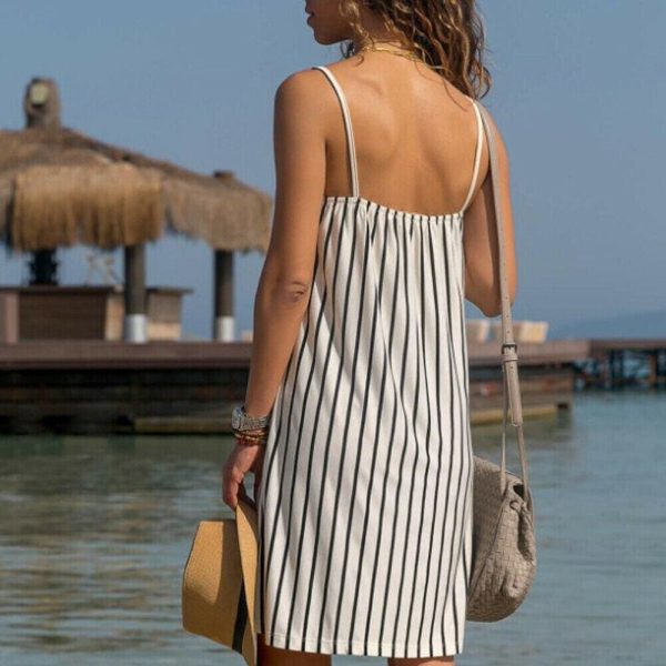 The Best Women Sexy Strappy Mini Dress Female Summer Casual Household Sleeveless Loose Stripe Short Mini Sundress Online - Hplify
