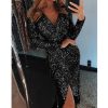 The Best Women Sexy V neck Bodycon Skinny Dress Ladies Long Sleeve Dress Online - Hplify