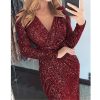 The Best Women Sexy V neck Bodycon Skinny Dress Ladies Long Sleeve Dress Online - Hplify