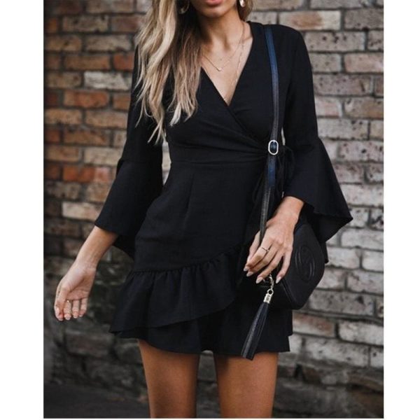 The Best Women Sexy V-Neck High Waist Wrap Mini Dress Ladies Summer Beach Floral Ruffle Dress Sundress Online - Hplify