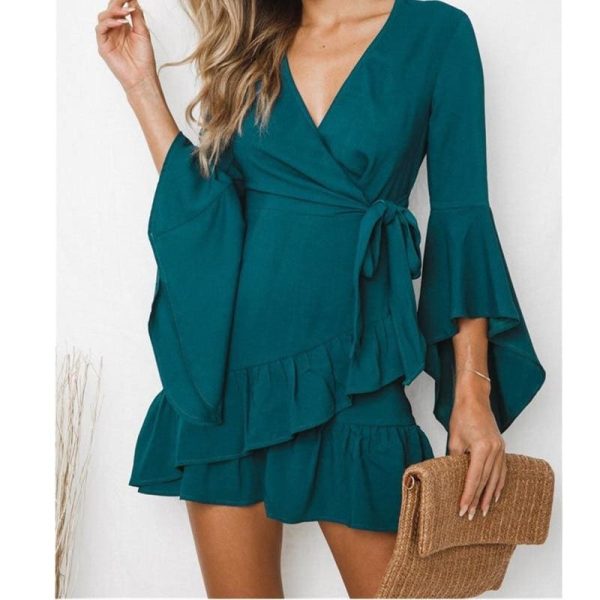The Best Women Sexy V-Neck High Waist Wrap Mini Dress Ladies Summer Beach Floral Ruffle Dress Sundress Online - Hplify