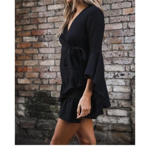 The Best Women Sexy V-Neck High Waist Wrap Mini Dress Ladies Summer Beach Floral Ruffle Dress Sundress Online - Hplify