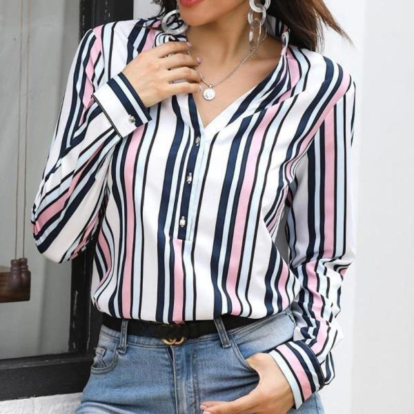 The Best Women Shirts Striped Blouses Office Ladies Long Sleeve Buttons Slim Shirts Tops Online - Hplify