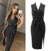 The Best Women Sleeveless Bodycon Dress OL Ladies V-Neck Button Bow Slit Party Cocktail Club Sundress Online - Hplify