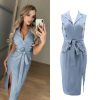 The Best Women Sleeveless Bodycon Dress OL Ladies V-Neck Button Bow Slit Party Cocktail Club Sundress Online - Hplify