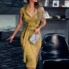 The Best Women Sleeveless Bodycon Dress OL Ladies V-Neck Button Bow Slit Party Cocktail Club Sundress Online - Hplify