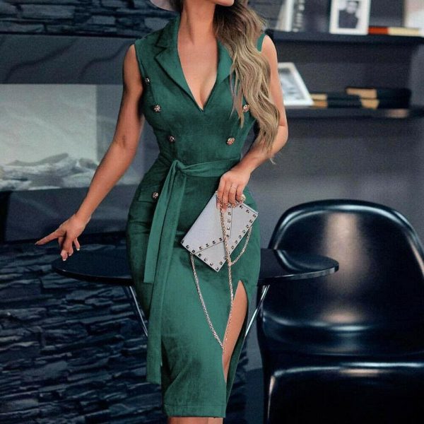 The Best Women Sleeveless Bodycon Dress OL Ladies V-Neck Button Bow Slit Party Cocktail Club Sundress Online - Hplify