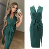 The Best Women Sleeveless Bodycon Dress OL Ladies V-Neck Button Bow Slit Party Cocktail Club Sundress Online - Hplify
