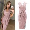 The Best Women Sleeveless Bodycon Dress OL Ladies V-Neck Button Bow Slit Party Cocktail Club Sundress Online - Hplify
