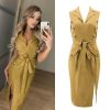 The Best Women Sleeveless Bodycon Dress OL Ladies V-Neck Button Bow Slit Party Cocktail Club Sundress Online - Hplify