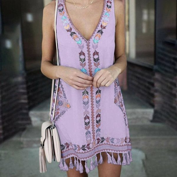 The Best Women Sleeveless V Neck Summer Boho Floral Casual Loose Beach Small Mini Dress Sundress Online - Hplify