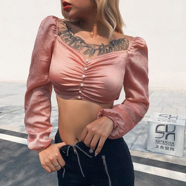 The Best Women Square Neck Crop Tops Ladies Casual Long Sleeve Stretch Shirt Autumn Holiday Blouse Tee shirt Online - Hplify